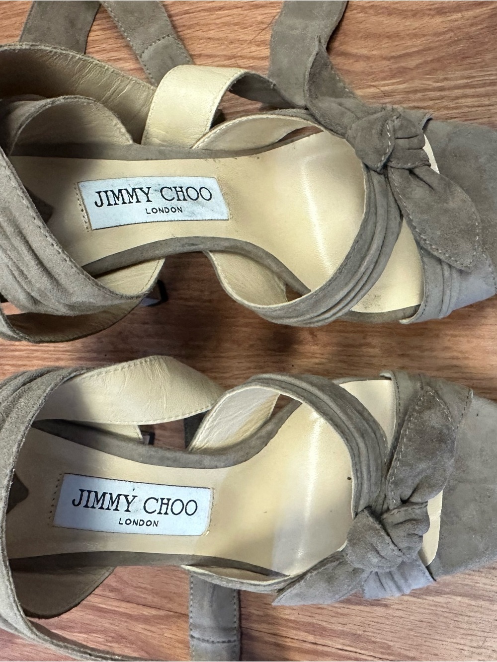 Jimmy Choo Taupe Suede Knot-Strap Heels
